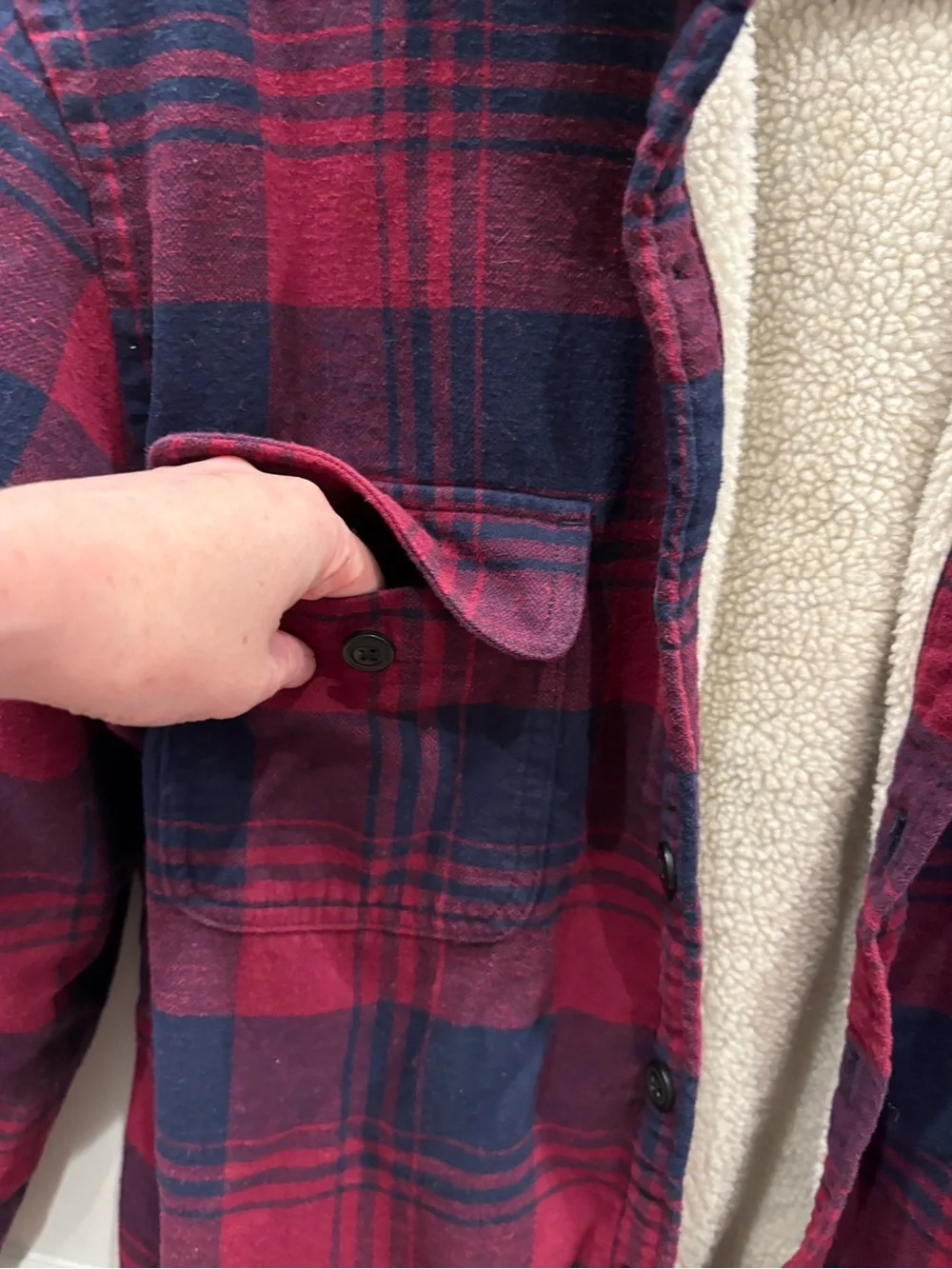 J.Crew Men’s Sherpa Lined Flannel Shirt Jacket Plaid Red Navy Medium Shacket